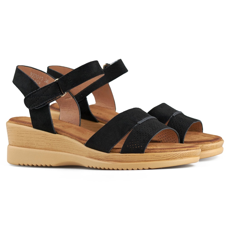 Sandali con zeppa in camoscio nero, comodi sandali da donna 1