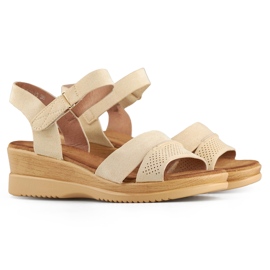 Sandali con zeppa in camoscio beige, comodi sandali da donna 1