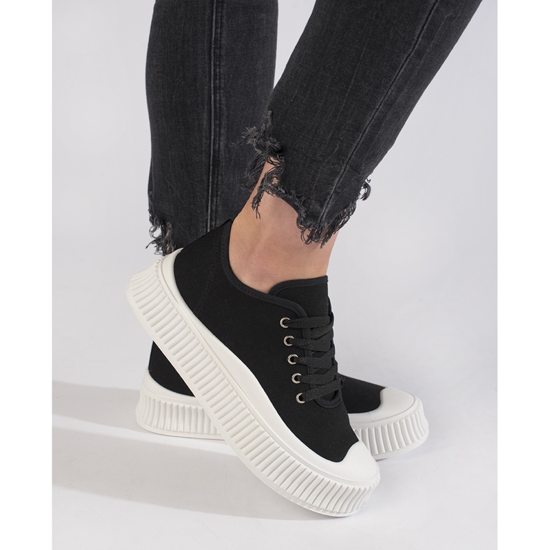 Sneakers platform da donna stringate, nere nero 2