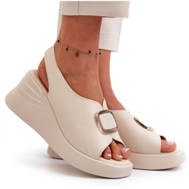 Sandali Con Zeppa Da Donna In Pelle Con Decoro, Salvania Beige 5