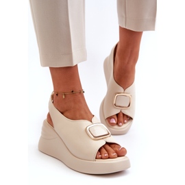 Sandali Con Zeppa Da Donna In Pelle Con Decoro, Salvania Beige 1