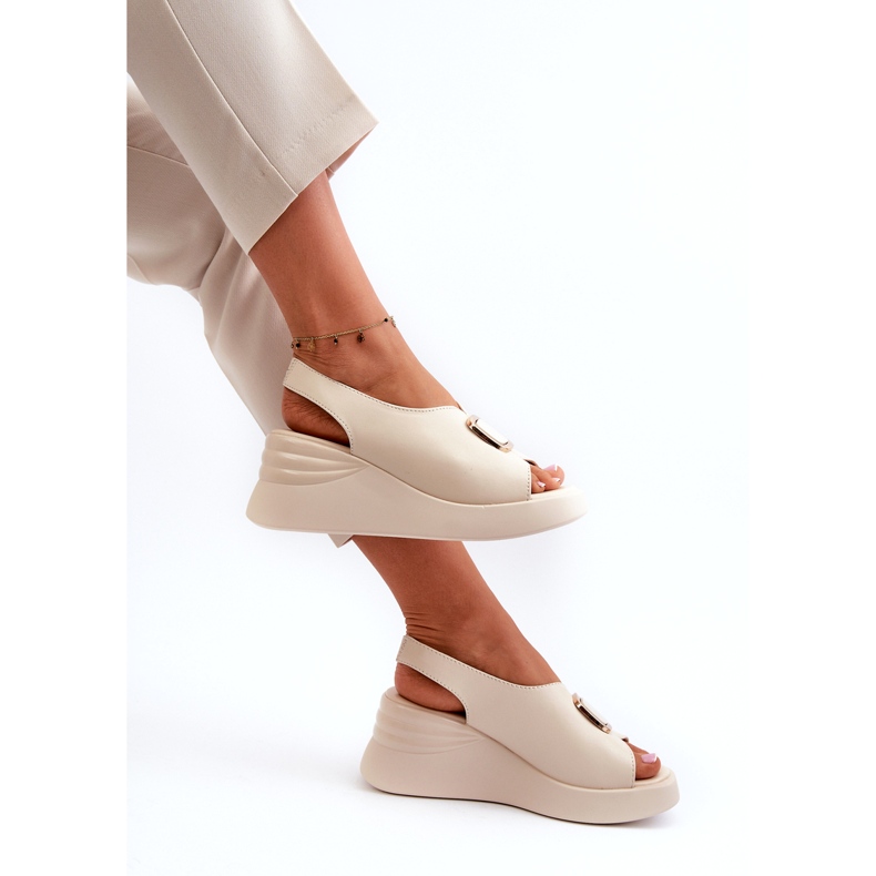 Sandali Con Zeppa Da Donna In Pelle Con Decoro, Salvania Beige 4