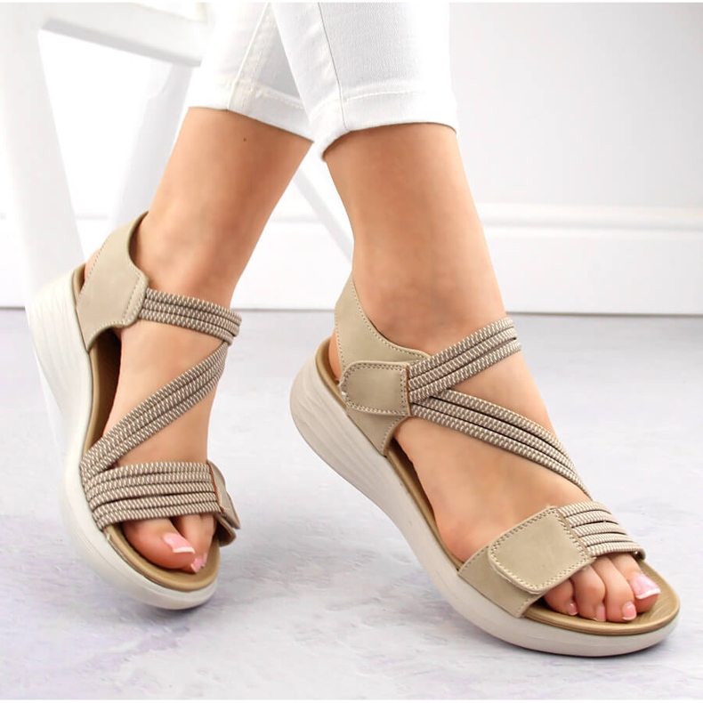 Sandali comodi da donna con velcro ed elastici, beige eVento 7056 1