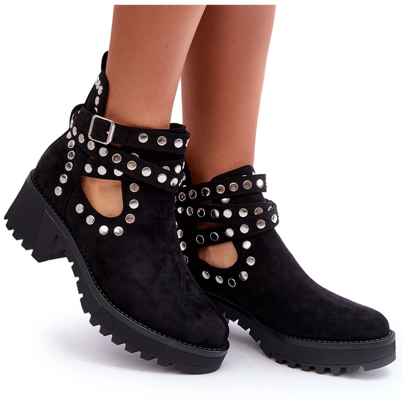 Ideal Shoes Stivaletti Da Donna In Camoscio Con Borchie Decorative, Nero 7