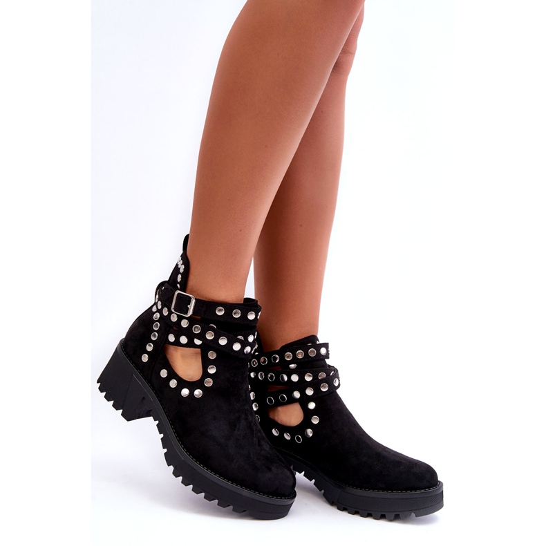 Ideal Shoes Stivaletti Da Donna In Camoscio Con Borchie Decorative, Nero 3