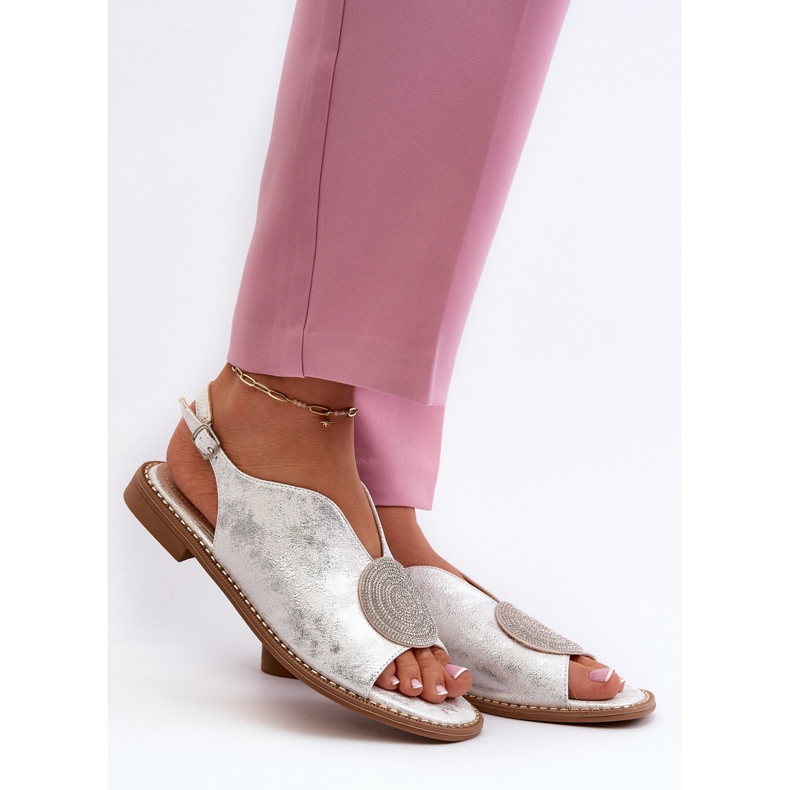 Sandali da donna con decorazione su tacco piatto S.Barski KV24-057 Argento d'argento 2