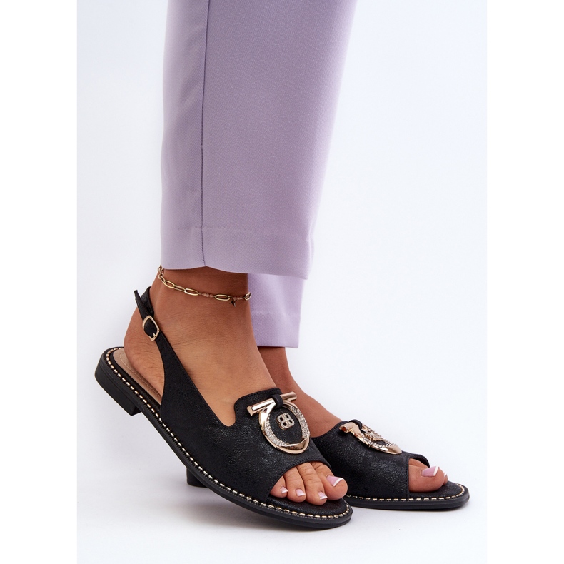 Sandali eleganti da donna con decorazione dorata su tacco piatto, neri S.Barski KV27-053 nero 2