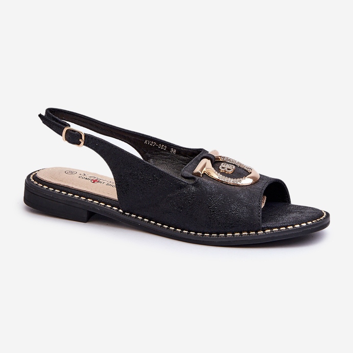 Sandali eleganti da donna con decorazione dorata su tacco piatto, neri S.Barski KV27-053 nero 1