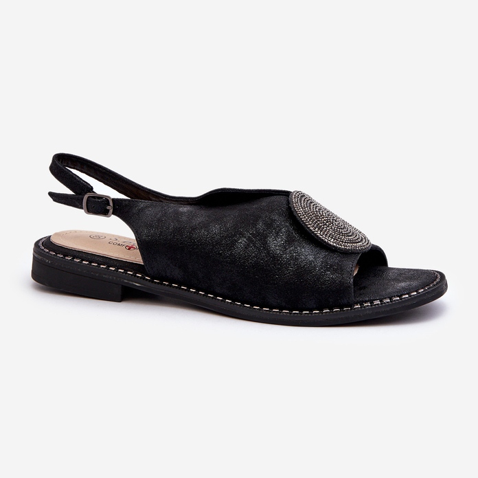 Sandali da donna con decorazione su tacco piatto S.Barski KV24-057 Nero 1