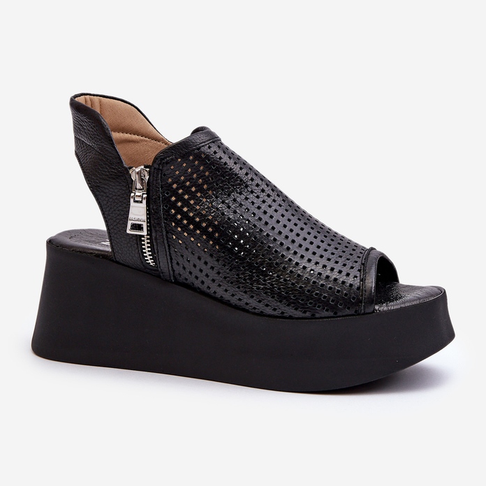 Zazoo 1792 Sandali con zeppa in pelle traforata, neri nero 1