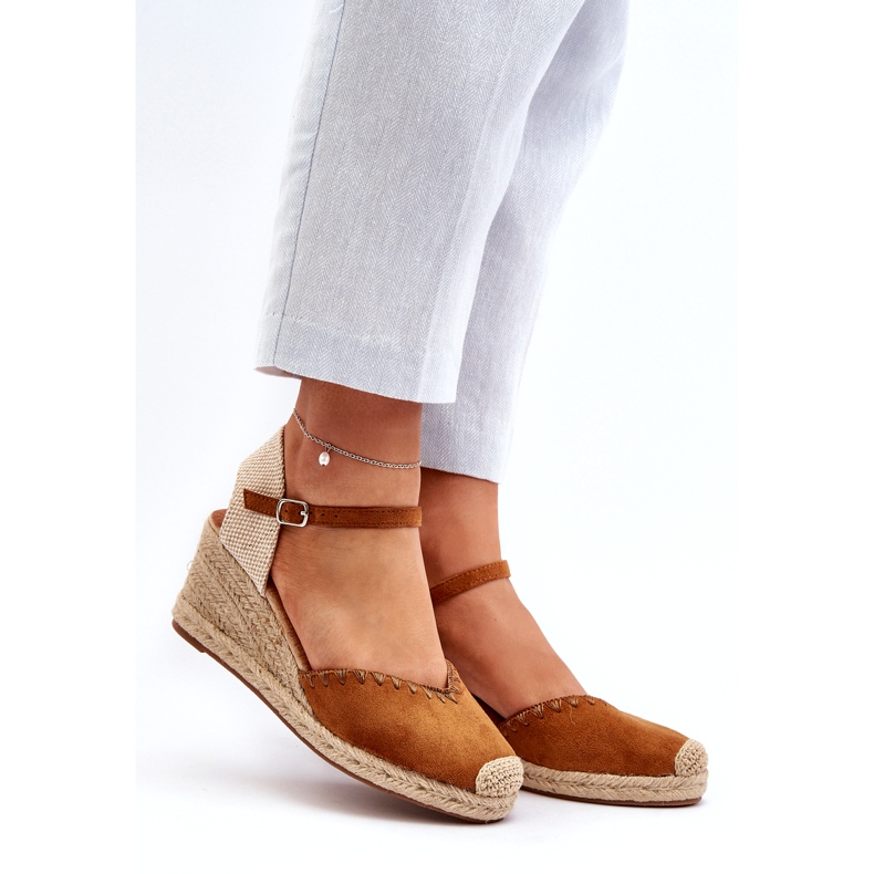 Joia Sandali con zeppa espadrillas in pelle scamosciata con treccia color cammello marrone 1