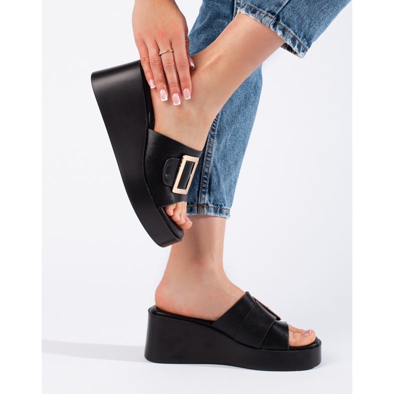 Pantofole con zeppa da donna nere nero 2