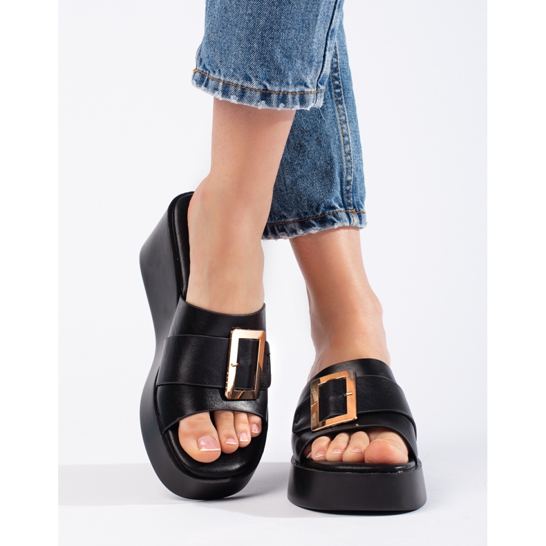 Pantofole con zeppa da donna nere nero 1
