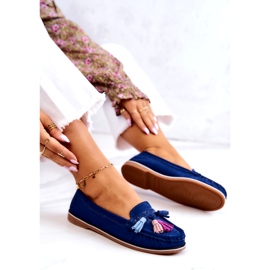 Evento Mocassini da donna in camoscio con frange, colore blu navy 1