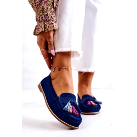 Evento Mocassini da donna in camoscio con frange, colore blu navy 2