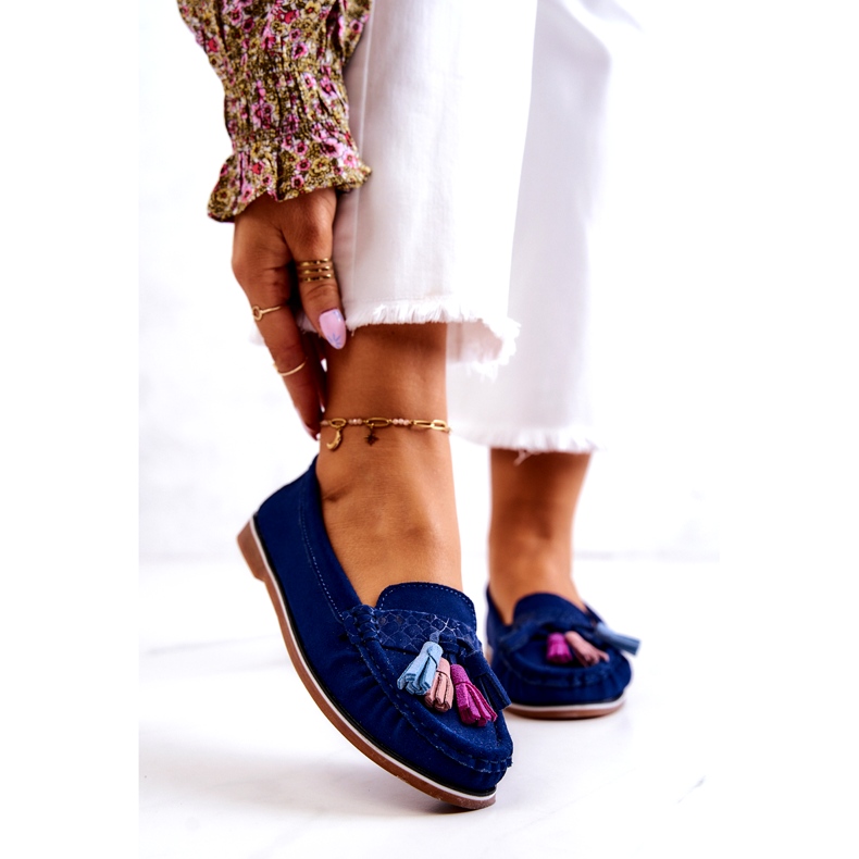 Evento Mocassini da donna in camoscio con frange, colore blu navy 2