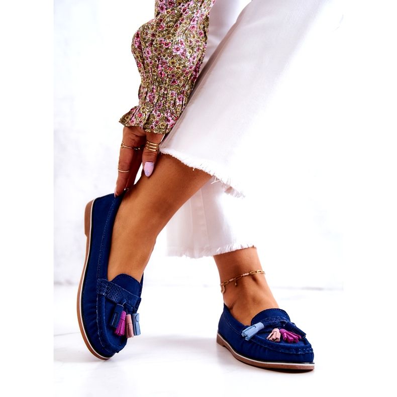 Evento Mocassini da donna in camoscio con frange, colore blu navy 3