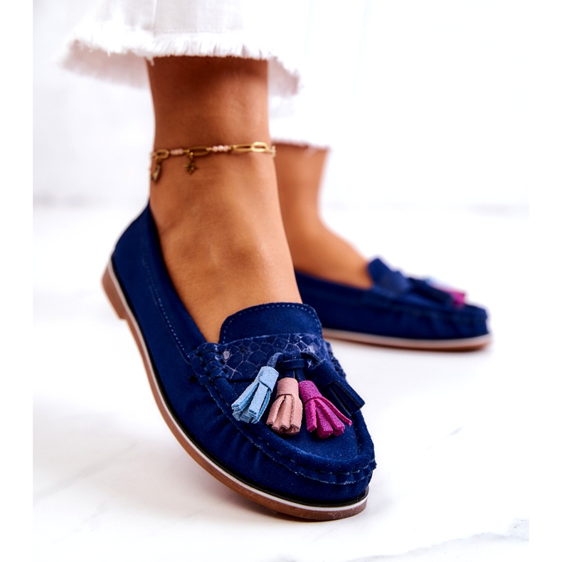 Evento Mocassini da donna in camoscio con frange, colore blu navy 4