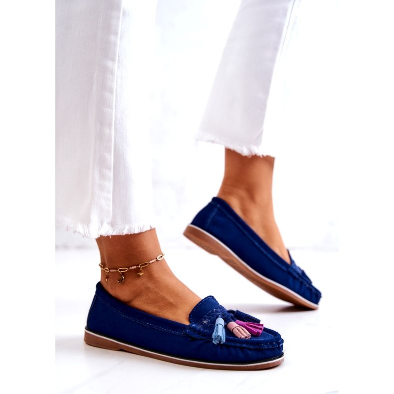 Evento Mocassini da donna in camoscio con frange, colore blu navy 5