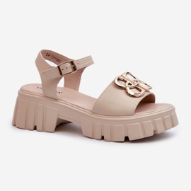 Sandali In Pelle Da Donna Beige Con Decoro Oro Vinceza 7910 1