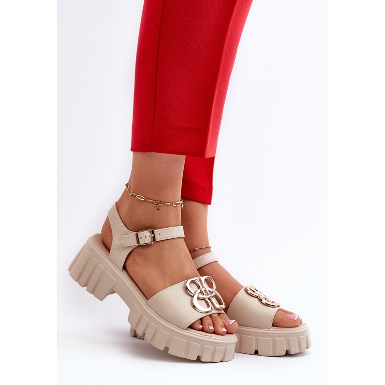 Sandali In Pelle Da Donna Beige Con Decoro Oro Vinceza 7910 2