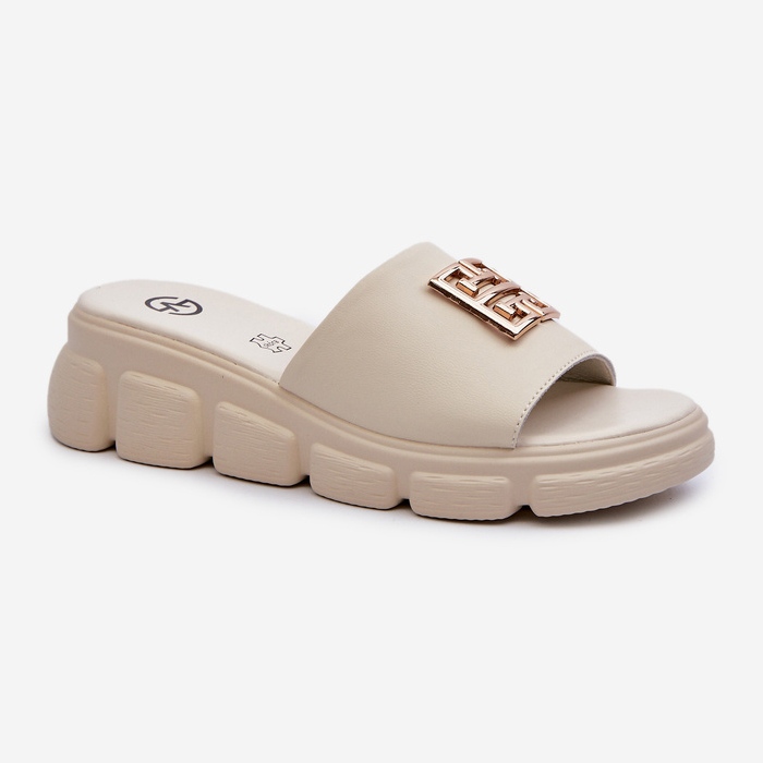 Infradito da donna in pelle con decorazione dorata su zeppa Vinceza 41444 Beige 1