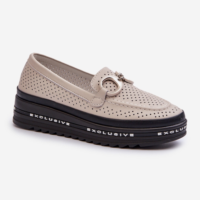 Mocassini Da Donna In Pelle Con Plateau Con Decoro S.Barski LR750 Beige 1