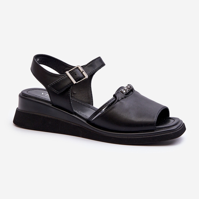 Sandali con zeppa in pelle da donna Vinceza 66624 Neri nero 1