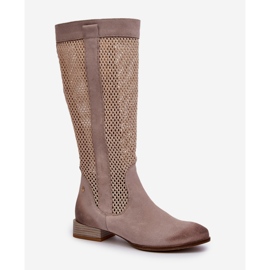 Stivali da Donna Traforati con Tacco Basso in Pelle Scamosciata Naturale Maciejka 06467-04 Beige 1