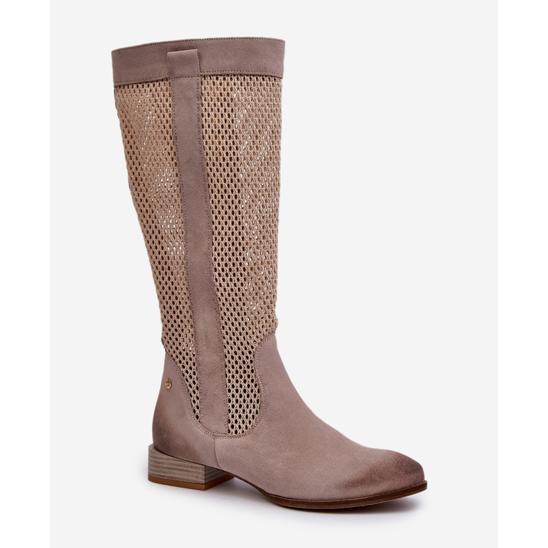 Stivali da Donna Traforati con Tacco Basso in Pelle Scamosciata Naturale Maciejka 06467-04 Beige 1