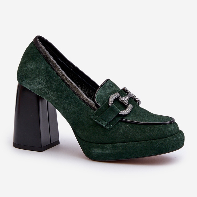 Décolleté in pelle su tacco alto massiccio Laura Messi 2706 Verde scuro 2