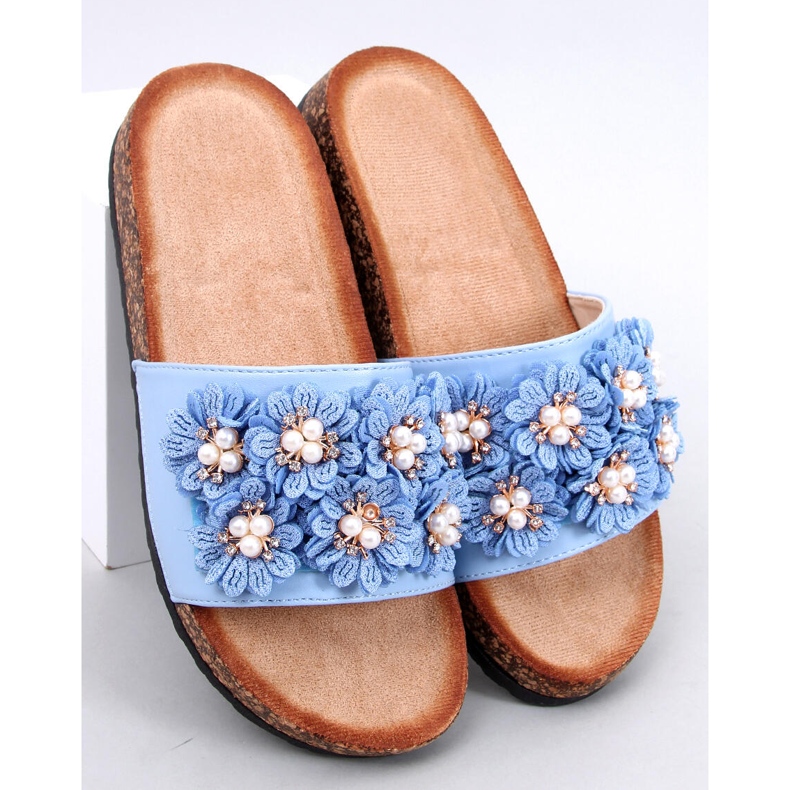 Emiles Pantofole in sughero blu con fiori 1