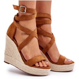 Sandali con zeppa espadrillas con treccia color cammello marrone 4