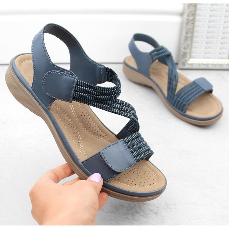 Sandali da donna con velcro e elastici, colore blu Sabatina Y8066-1 1