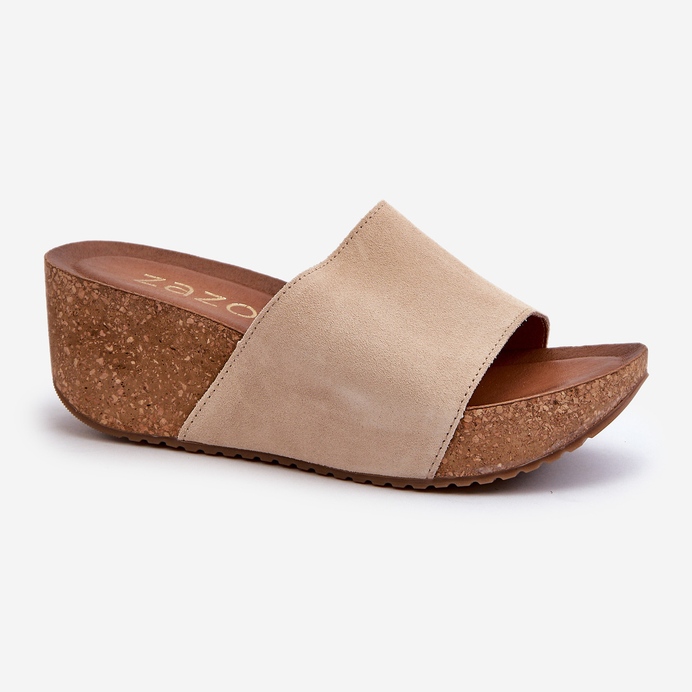 Zazoo 40311 Infradito da donna in pelle scamosciata con zeppa in sughero, Beige 1