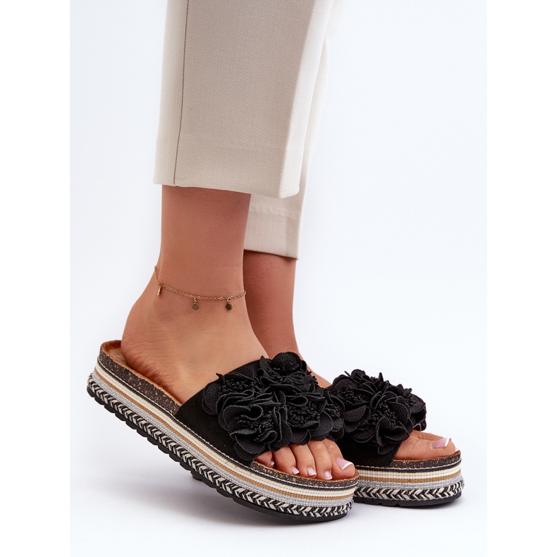 Infradito da Donna con Plateau Decorati con Fiori, Nodina Nera nero 1