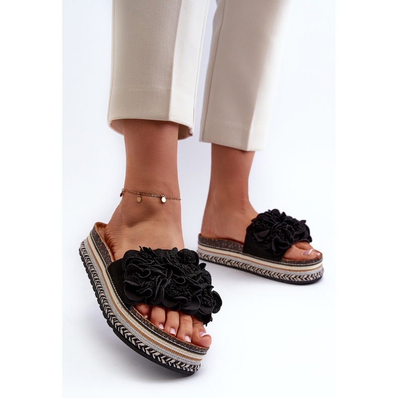 Infradito da Donna con Plateau Decorati con Fiori, Nodina Nera nero 2