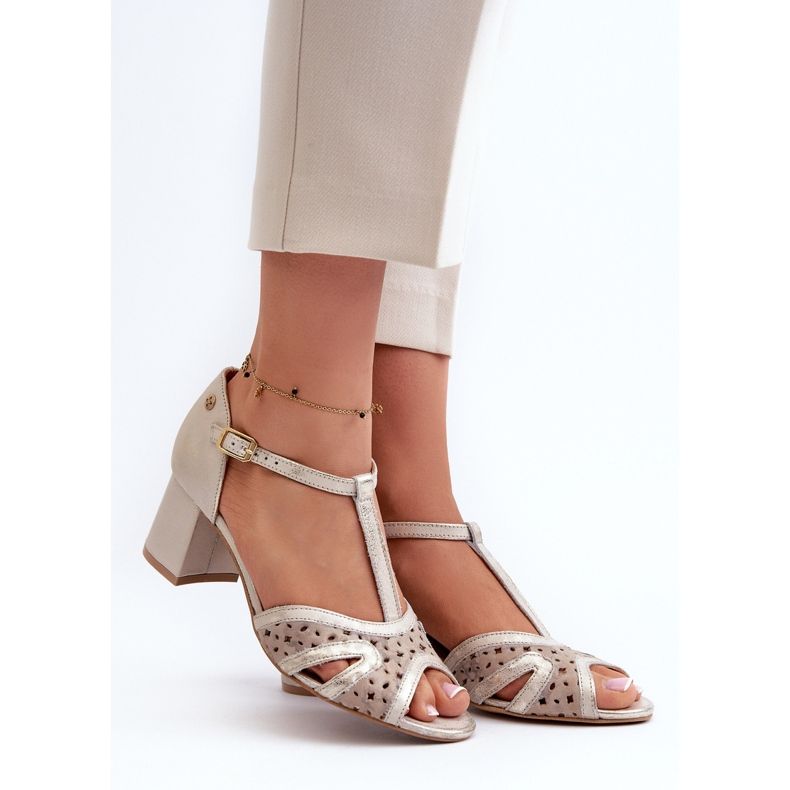 Sandali in pelle da donna con tacco alto Maciejka 06551-04 Beige e oro 2