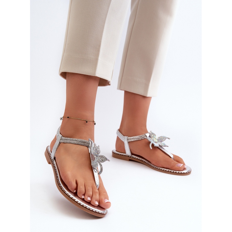 Sandali bassi da donna con fiore decorativo, Argento Edoni 2
