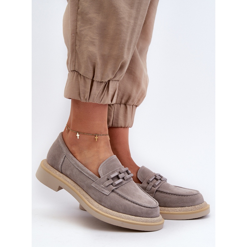 S.Barski Mocassini da donna in pelle scamosciata con tacco piatto con decorazione D&amp;A TW101 Grigio 1
