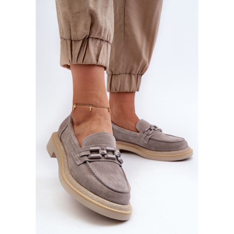 S.Barski Mocassini da donna in pelle scamosciata con tacco piatto con decorazione D&amp;A TW101 Grigio 2