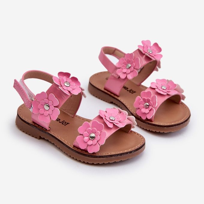 Sandali per bambini laccati decorati con fiori, tinette rosa 1