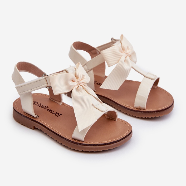 Sandali da bambino in vernice con fiocco in velcro, Joratia beige chiaro 1