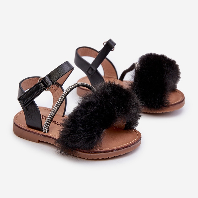 Sandali In Velcro Da Bambino Con Pelliccia, Rosavere Nero 1