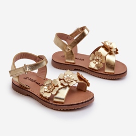 Sandali per bambini decorati con fiori, chiusura con velcro, fagossa dorata d'oro 1