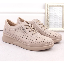 Scarpe da donna in pelle traforata, beige, Vinceza 7890 1