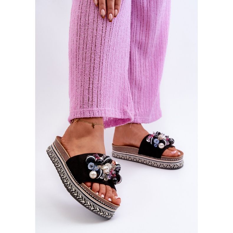 Infradito da donna con plateau con decorazioni S.Barski HY077 Nero 2
