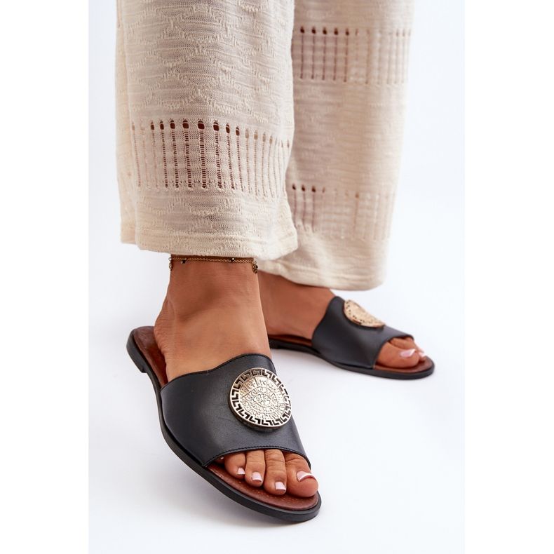 Infradito piatte in pelle Zazoo 2938 con decorazione, nere nero 2