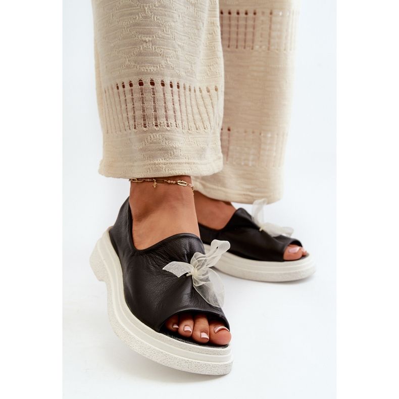 Zazoo 2939 Sandali in pelle da donna con fiocco, Nero 2