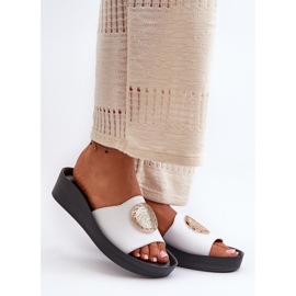 Zazoo 2920 Infradito da donna con zeppa in pelle con dettaglio oro, Bianco 1
